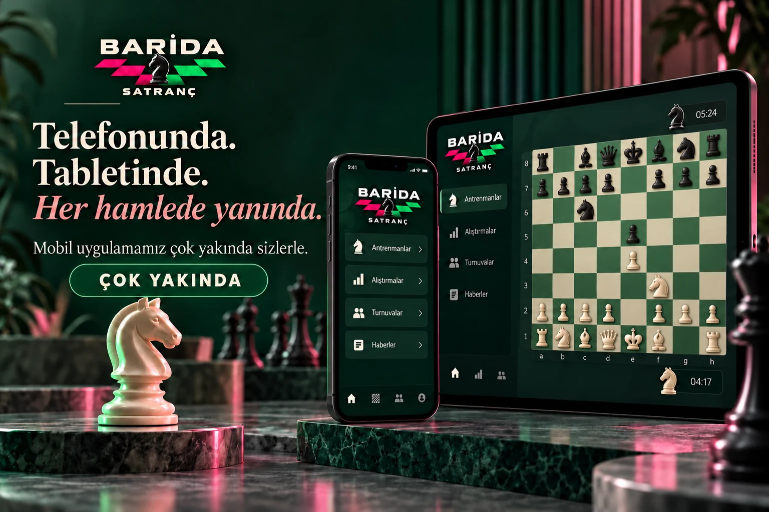 Barida Satranç: Telefonunda, tabletinde, her hamlede yanında. Mobil uygulamamız çok yakında. Antrenmanlar, özel sorular ve turnuvalar içeren temsili uygulama tanıtımı.